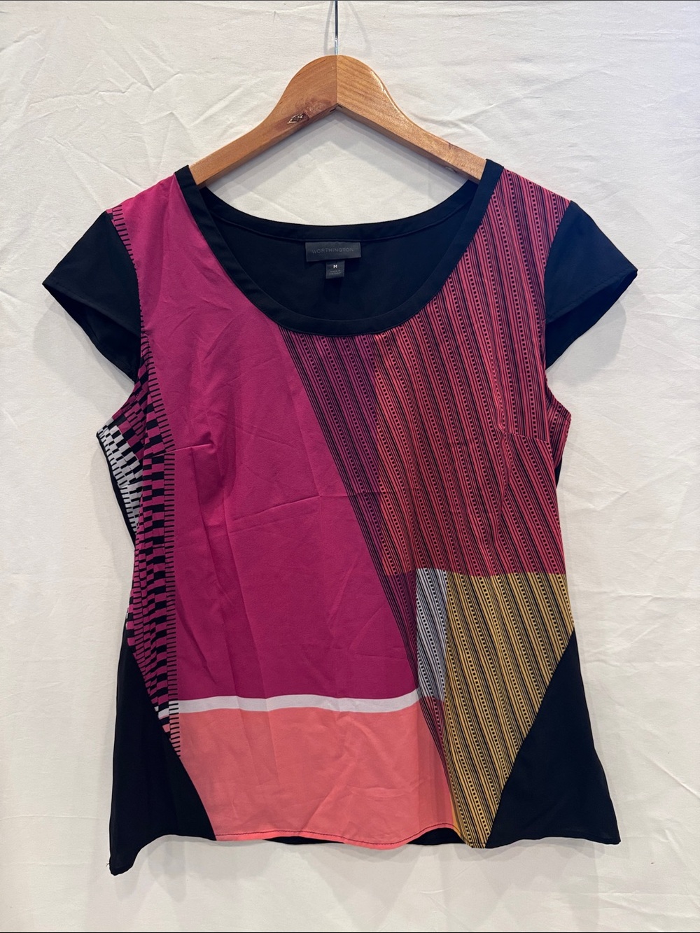 Worthington Black & Pink Patterned Scoop-Neck Top, Size M